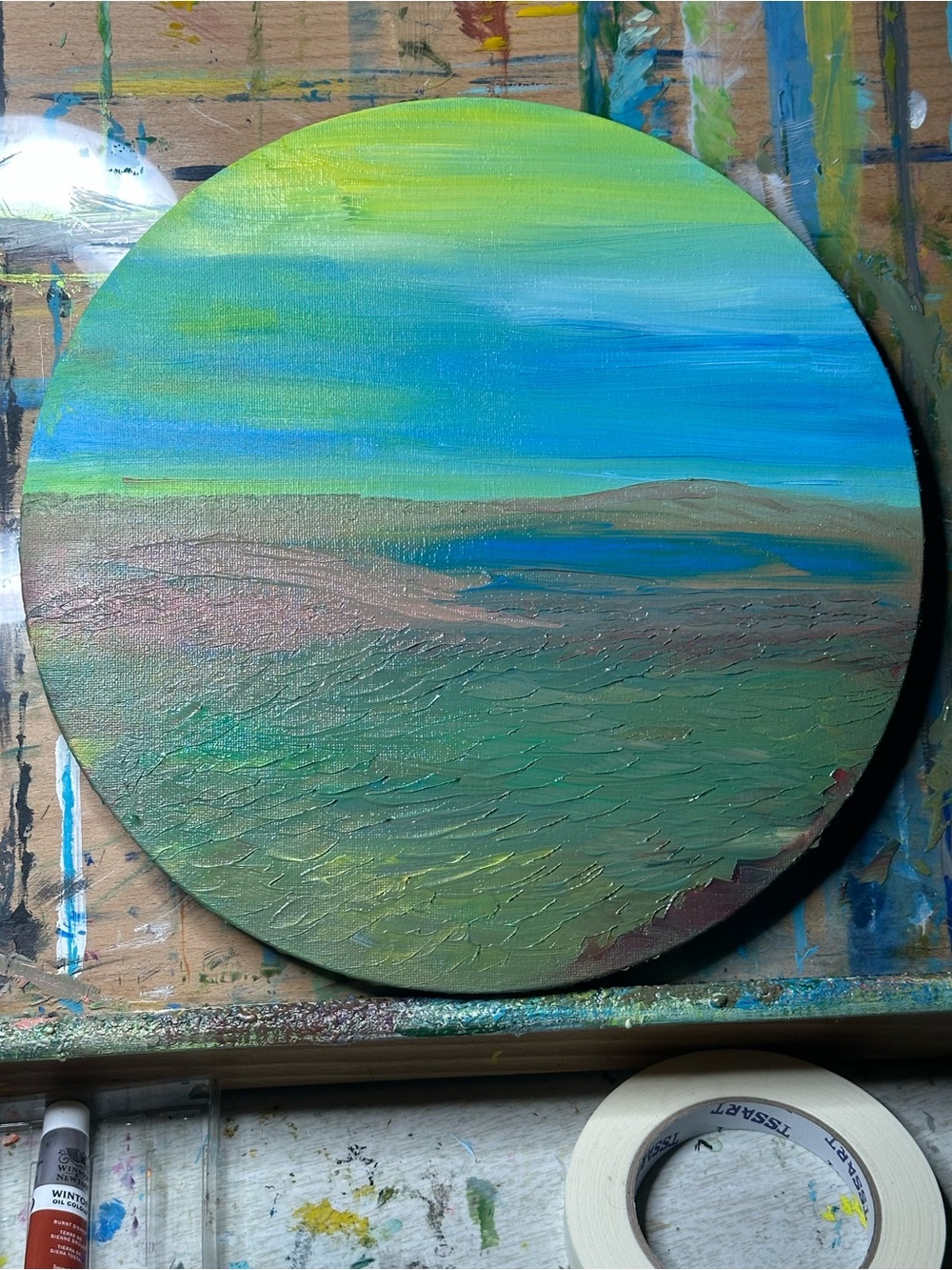 Hand-Painted Round Abstract Wall Art in Blue and Green